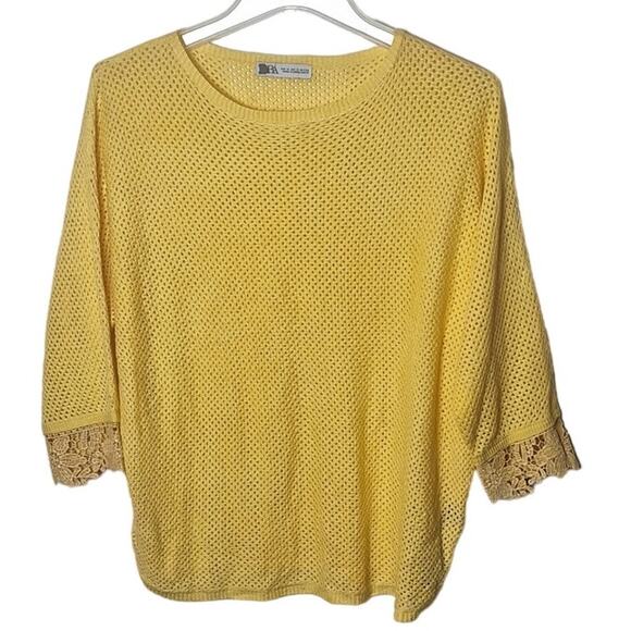 Zara Women Medium Yellow Open Knit 3/4 Length Sleeve Lace Cotton Sweater - Picture 1 of 6